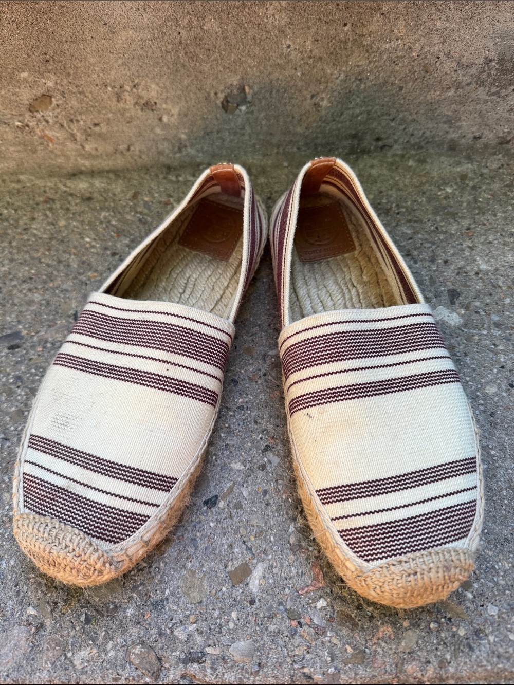 Tory Burch Cream and Burgundy Striped Canvas Espadrilles